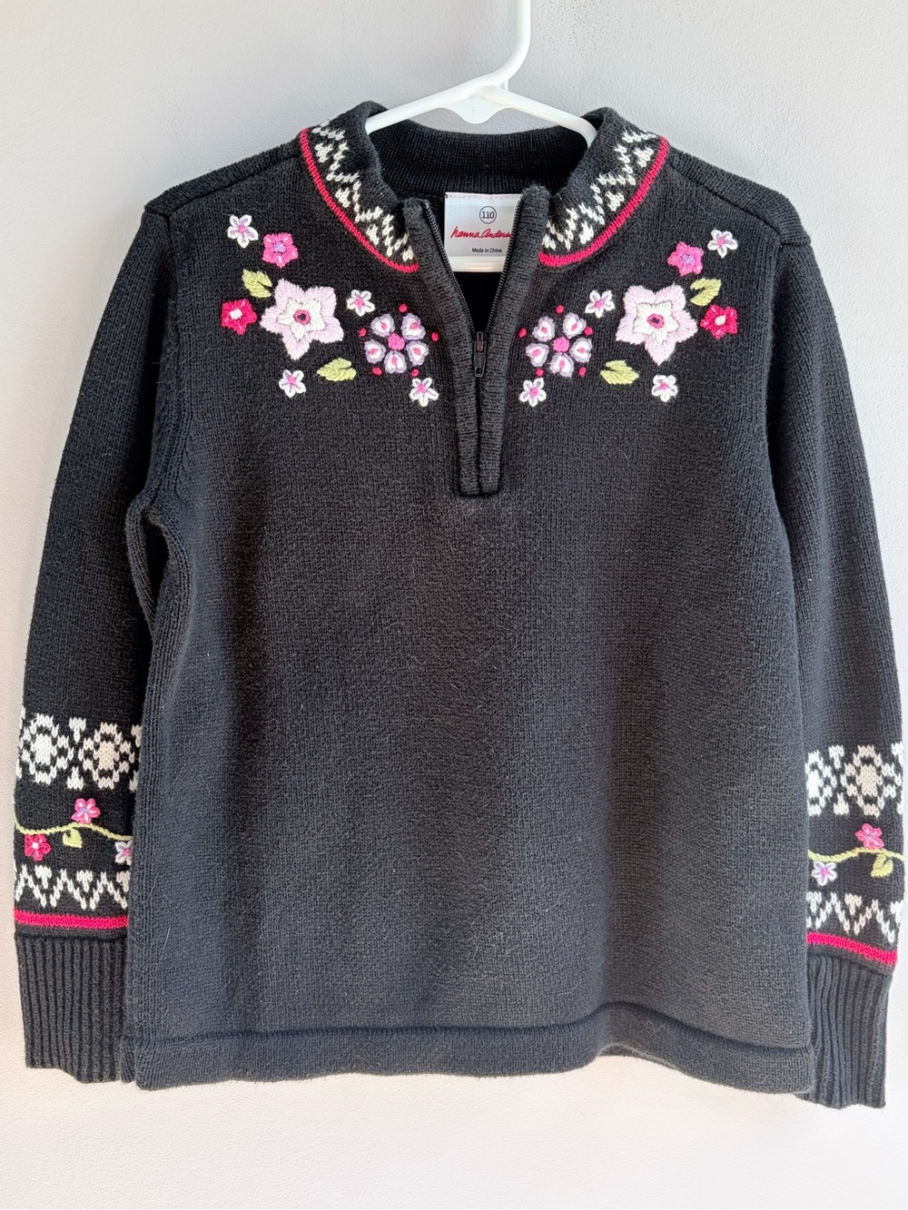 Hanna Andersson Sweater 1/4 Zip Black Pink Embroidered Floral Cotton Girls 5